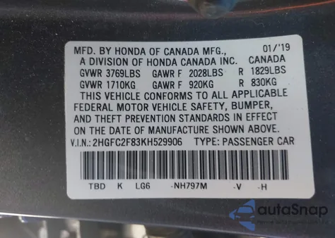 2019 Honda Civic Sport from USA, damaged, VIN 2HGFC2F83KH529906